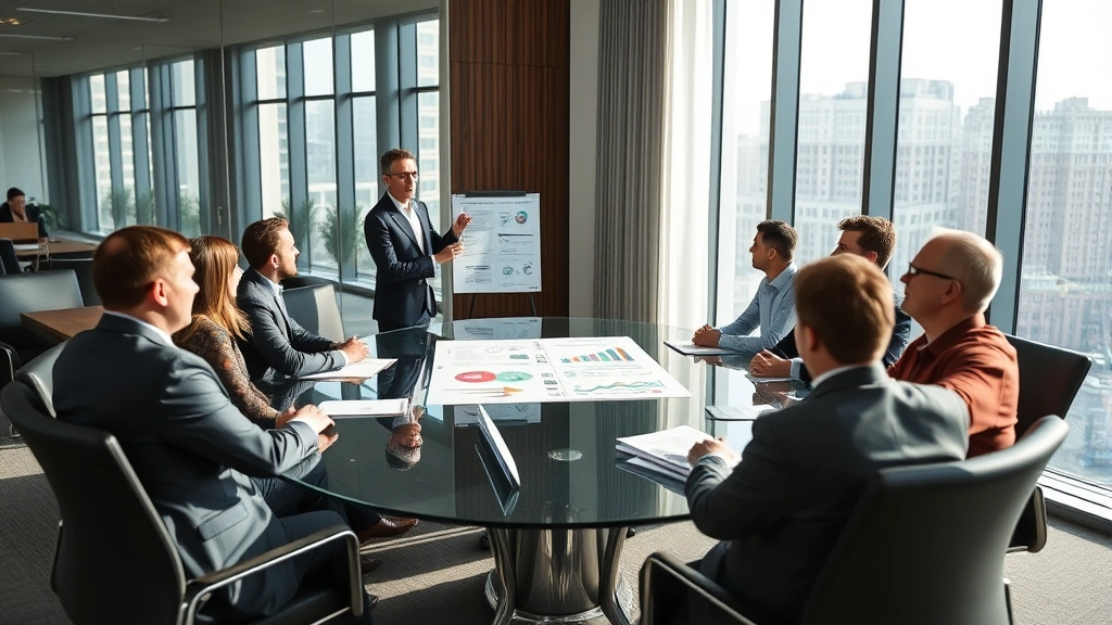 Executive in modern office presenting strategic plan to diverse board members around glass conference table, serious professional atmosphere, natural morning light through windows