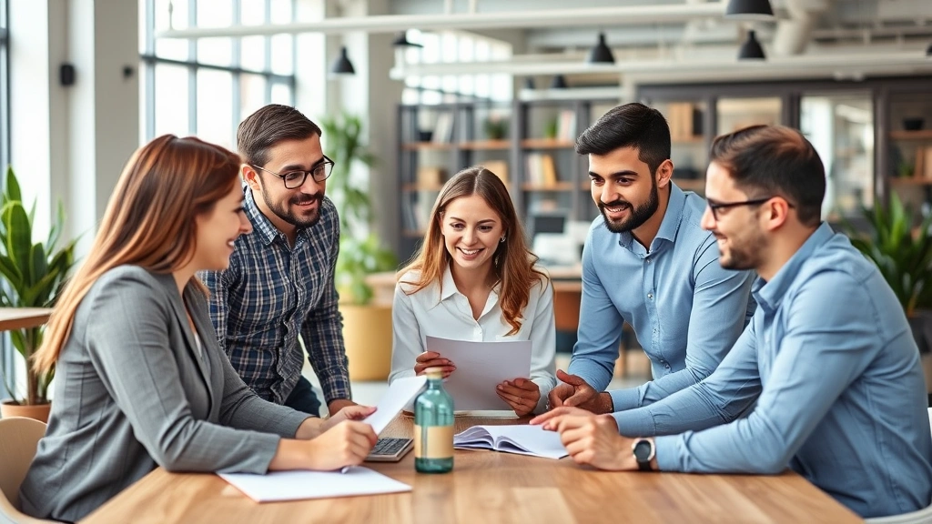 Team of business professionals conducting customer research interview in contemporary startup workspace, taking notes and analyzing feedback, collaborative problem-solving environment