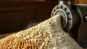 Professional Italian artisanal flour mill with golden wheat grains, dusty wooden surfaces, traditional stone grinding equipment, warm natural lighting, close-up texture detail of premium flour