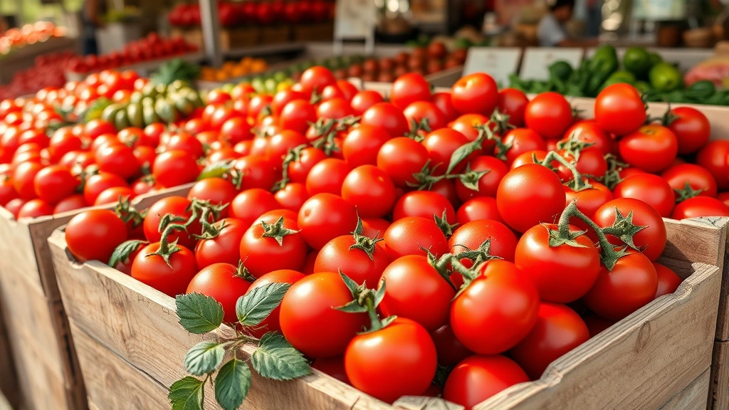 Fresh San Marzano tomatoes in rustic wooden crates at farmers market, vibrant red color, authentic Italian countryside setting, morning sunlight, natural agricultural produce display