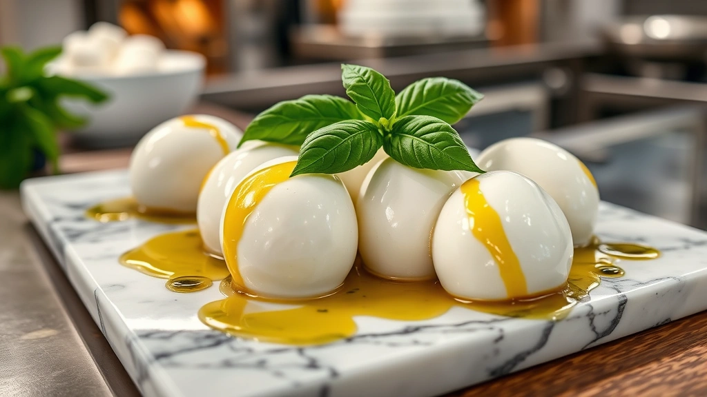 Premium buffalo mozzarella on marble board with fresh basil leaves, extra virgin olive oil drizzle, artisanal cheese presentation, professional food photography, restaurant kitchen background
