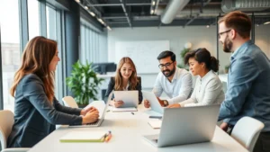 Professional team collaborating in modern office space during strategic planning meeting with laptops and notebooks visible