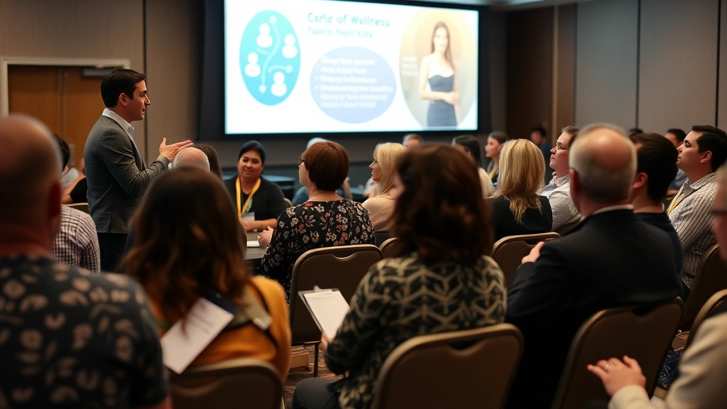 Founder speaking at wellness conference with engaged audience members taking notes and smiling at presentation