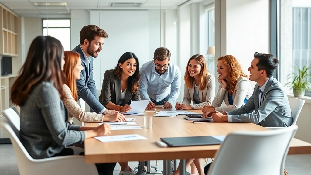 Diverse team members in casual business attire discussing strategy around modern conference table with natural lighting