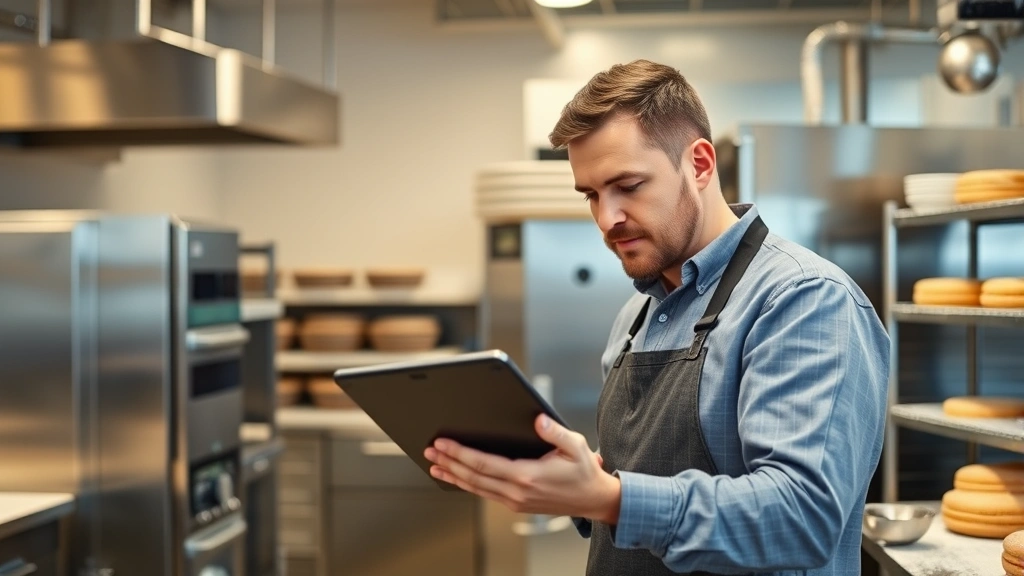 Professional bakery owner analyzing pricing data on tablet in modern commercial kitchen with stainless steel equipment and flour-dusted surfaces, focused concentration on screen