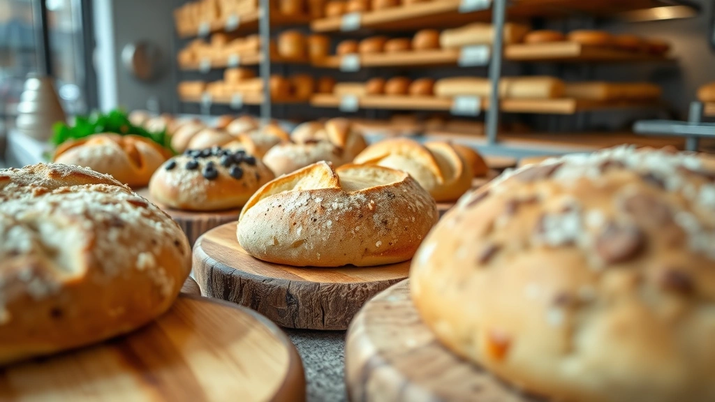 Close-up of various artisanal dough products on wooden boards in commercial bakery setting, showing premium ingredients and quality presentation with natural lighting