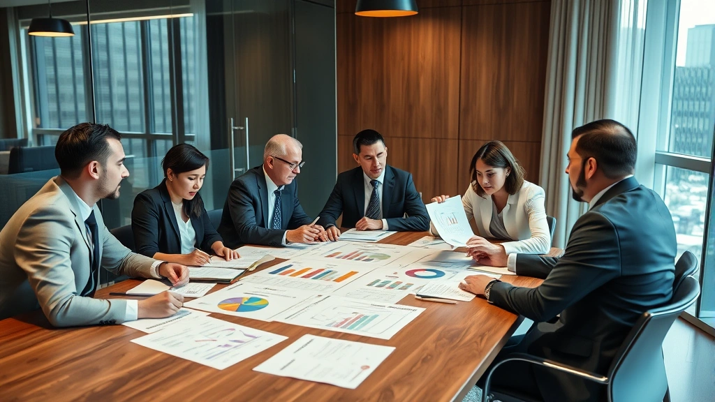 Business meeting in corporate office with dough company executives reviewing pricing strategy charts on large conference table with financial reports and market analysis documents
