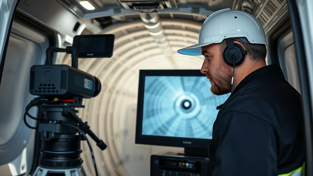 Professional plumber inspecting underground drainage pipes with CCTV camera equipment in modern control van, digital monitor displaying pipe interior footage, focused expression, daylight