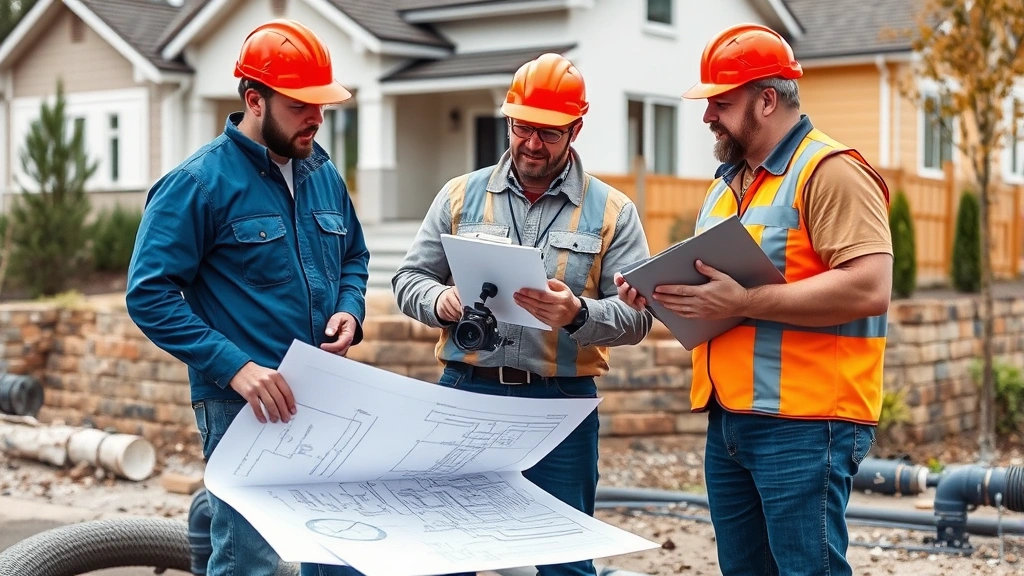 Team of drainage specialists reviewing diagnostic report at job site, holding inspection camera equipment, blueprints on clipboard, modern residential property background, collaborative discussion