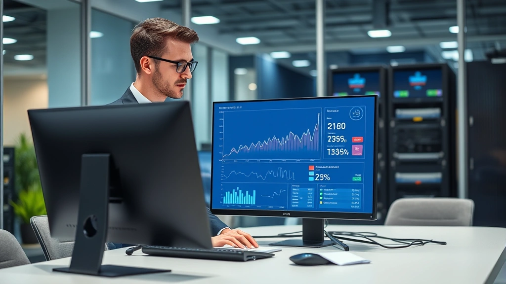 Professional businessman in modern office reviewing network connectivity performance metrics on desktop computer, fiber optic cables and network equipment visible in background