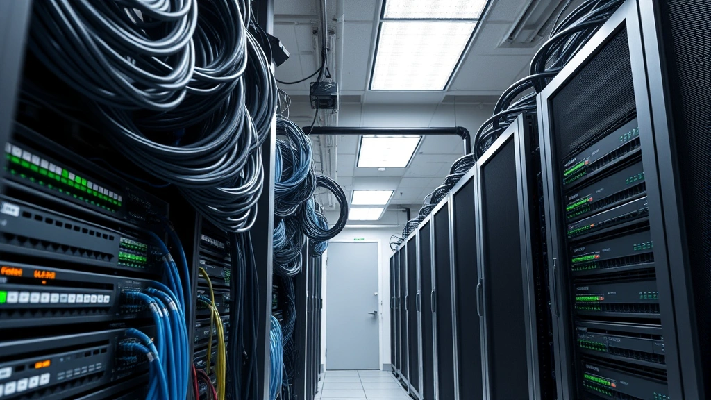 Data center infrastructure with organized cable management, network switches, and modem equipment in climate-controlled facility with professional lighting