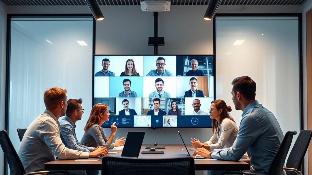 Business team collaborating in conference room during video call on large display monitor, demonstrating reliable internet connectivity and modern workplace communication