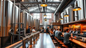 Professional craft brewery interior with stainless steel fermentation tanks, wooden bar counter with beer taps, warm amber lighting, diverse customers enjoying beverages in background, industrial-modern aesthetic, high-quality photorealistic rendering