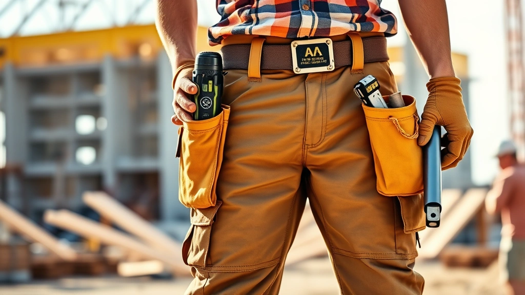 Professional tradesman wearing durable work pants and tool belt at construction site, holding equipment, confident posture, sunny outdoor lighting, realistic construction environment