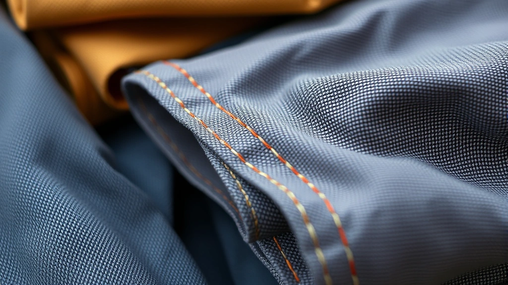 Close-up of high-quality workwear fabrics and stitching details, showing durability and craftsmanship, multiple fabric textures visible, professional product photography style, natural lighting
