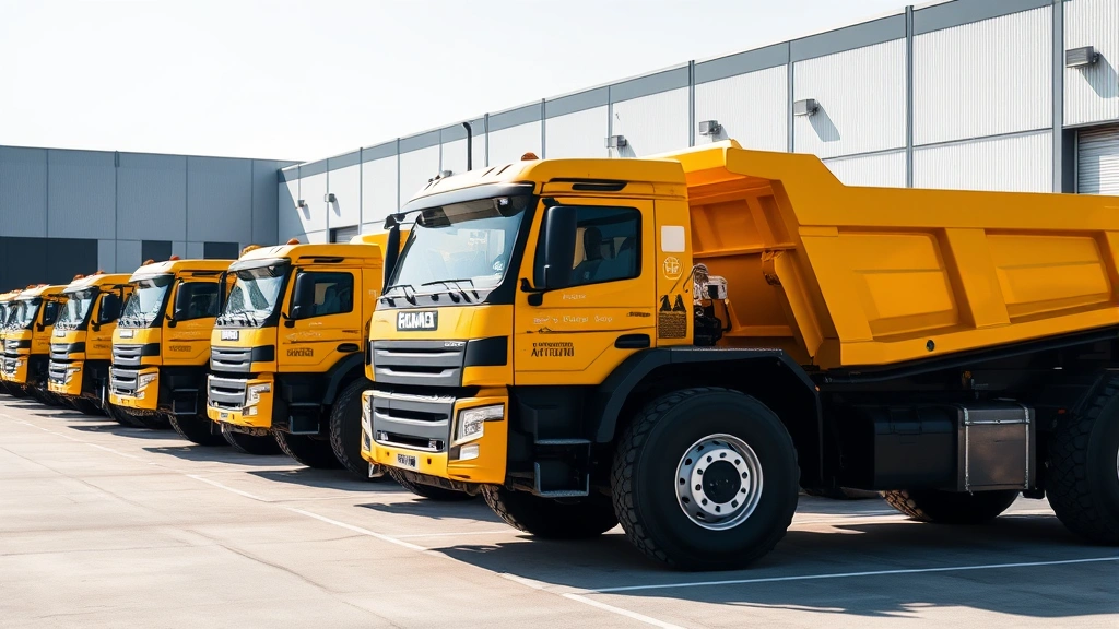 Professional dump truck fleet parked in organized rows at modern logistics facility, daytime, clear sky, showing well-maintained yellow and black commercial dump trucks with company branding