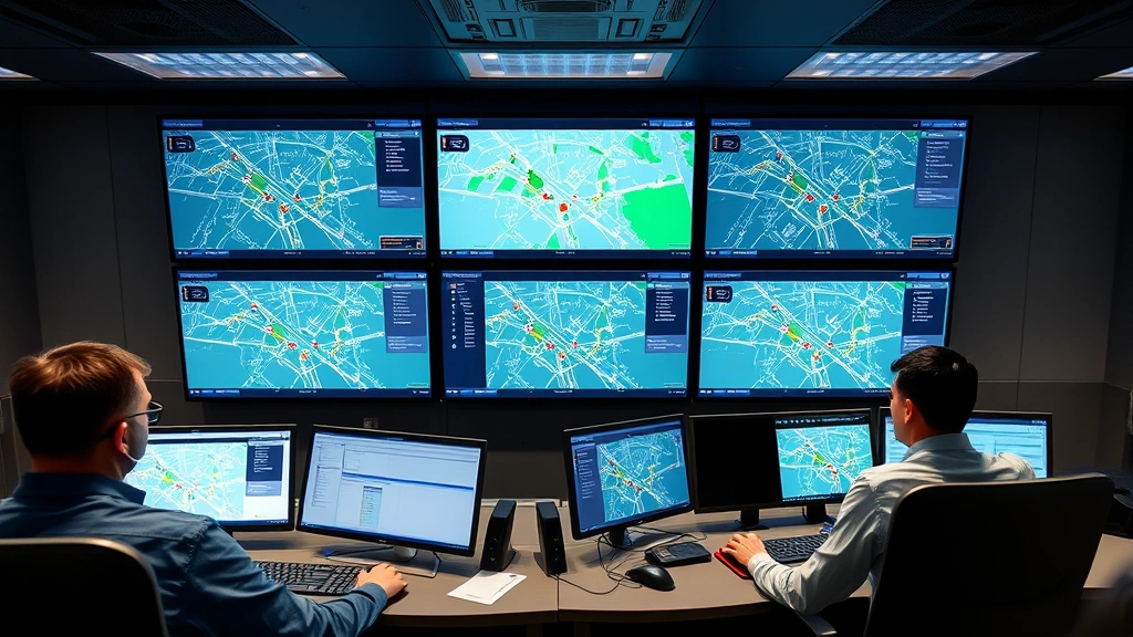 Dispatch center with multiple screens displaying real-time vehicle tracking, professional operators monitoring fleet management software, modern control room environment with professional lighting