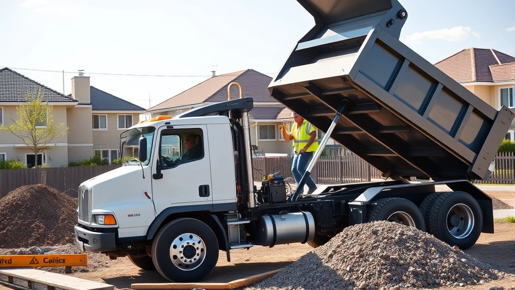 Professional dump truck with hydraulic bed fully extended unloading gravel material at active construction site, clear sunny day, modern residential neighborhood background, operator in safety vest visible