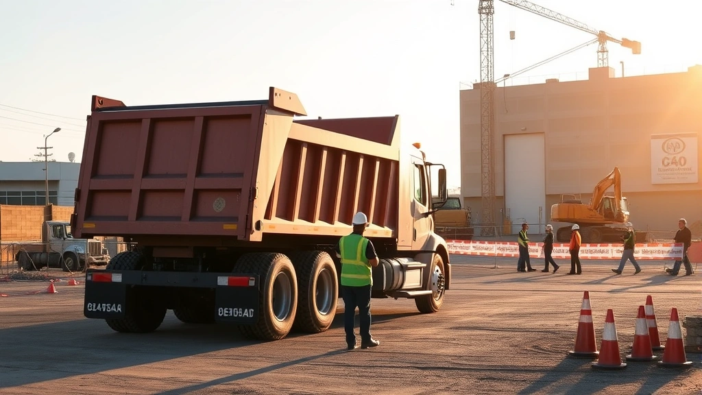 Tandem-axle dump truck backing up to commercial construction site with workers in hard hats coordinating, active excavation equipment, organized job site with safety barriers, morning light creating professional business atmosphere