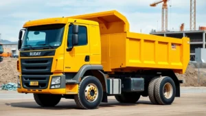 Professional yellow dump truck with raised bed parked at construction site, clean well-maintained vehicle, daytime outdoor industrial setting, showing truck details and professionalism