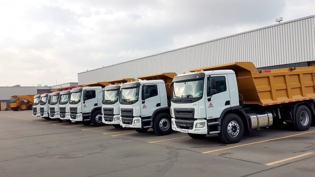 Multiple commercial dump trucks lined up in parking lot with construction equipment visible, representing fleet capacity and professional operations, corporate yard setting