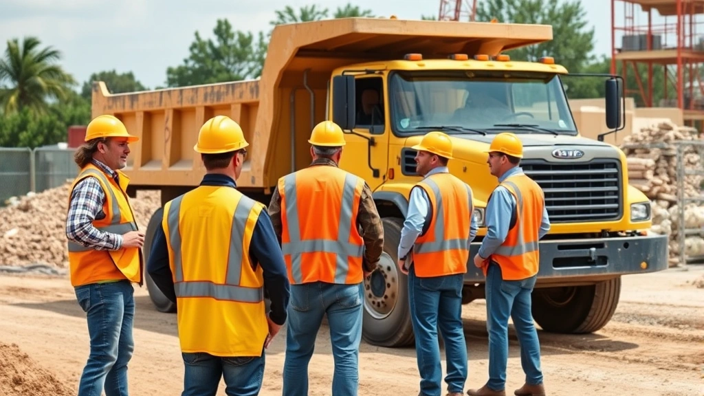 Experienced construction team coordinating with dump truck operator on active job site, workers directing material delivery, professional collaboration and communication in progress