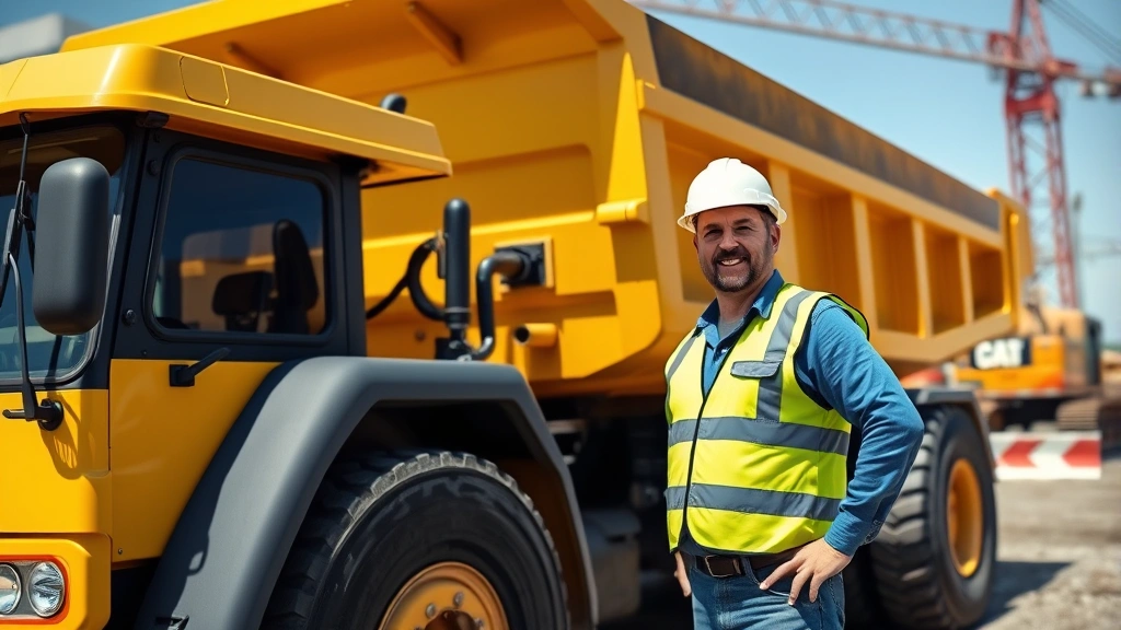Professional dump truck operator in hard hat and safety vest standing beside modern yellow dump truck on construction site, clear sunny day, confident posture, construction equipment visible in background