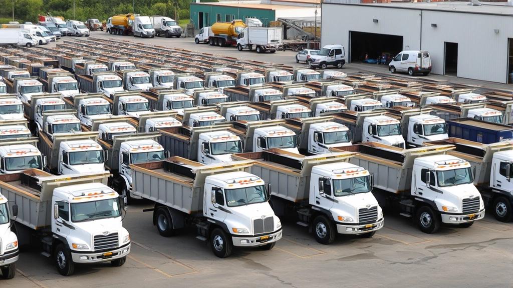Fleet of well-maintained dump trucks lined up in organized lot during daytime, various sizes and types, professional fleet management depot, clean equipment reflecting quality standards