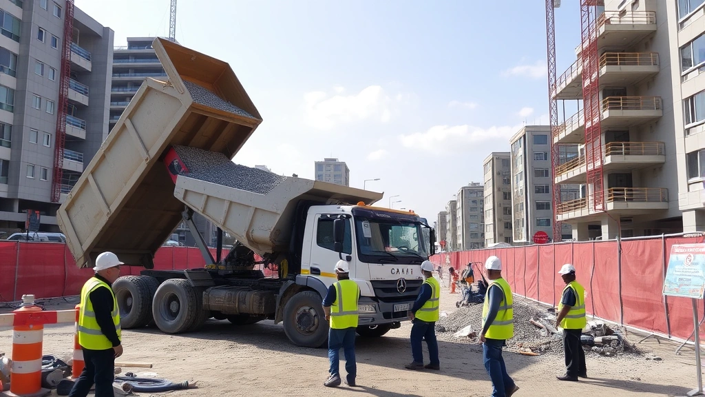 Construction site with active dump truck unloading gravel material, professional crew members directing operations, safety barriers and signage visible, urban construction environment