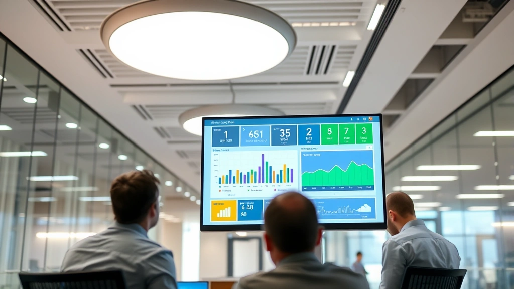 Modern office building with LED lighting and energy monitoring dashboard displayed on computer screen, business professionals reviewing energy data, contemporary workspace, neutral lighting