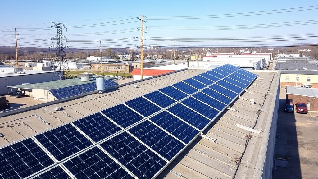 Solar panels installed on commercial building rooftop with utility poles and distribution lines visible in background, industrial area, Pennsylvania region, clear weather, sustainable energy infrastructure