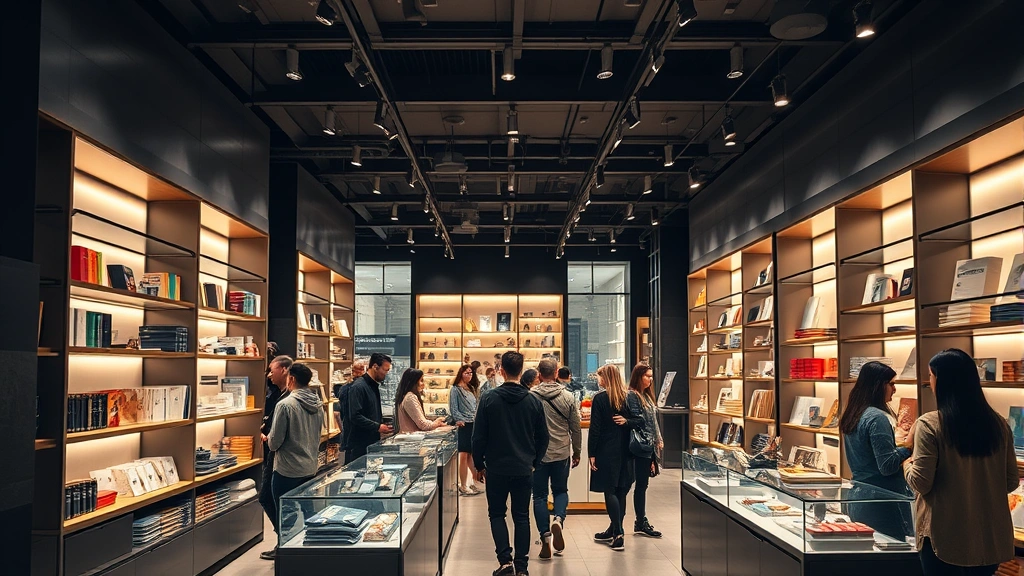 Professional retail store interior with modern shelving displays, warm lighting, and diverse customers browsing products, upscale boutique atmosphere, contemporary design aesthetic