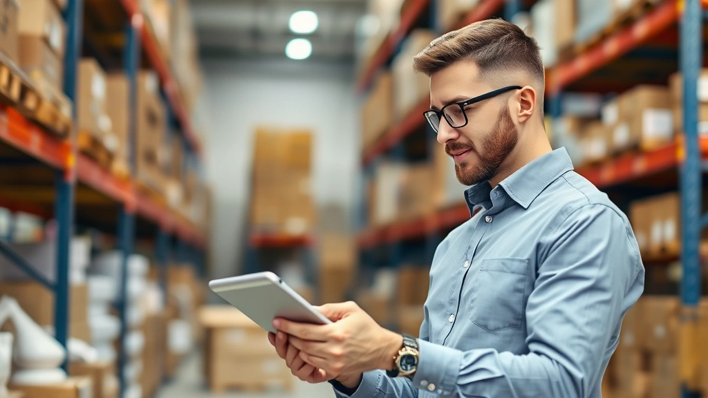 Business owner reviewing inventory data on tablet in warehouse setting, organized product shelves in background, professional casual attire, focused analytical expression