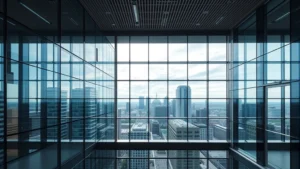 Modern Finnish corporate headquarters building with glass and sustainable architecture, Helsinki skyline visible, professional business environment, natural lighting, contemporary office design