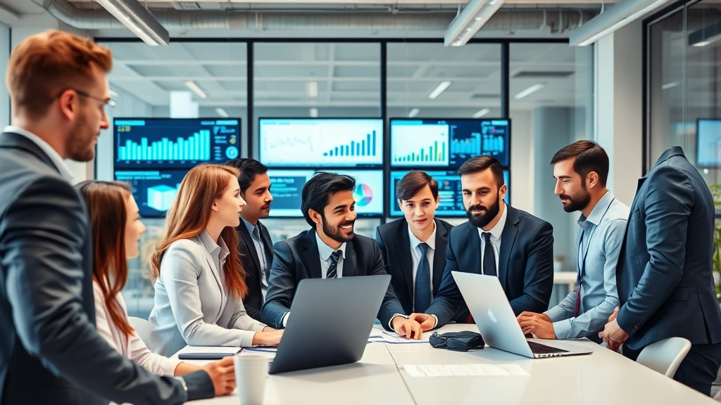 Diverse team of professionals in modern office collaboration space working together, charts and data visible on screens, renewable energy company setting, professional business attire, bright workspace