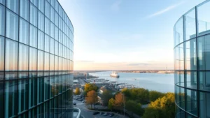 Modern Finnish corporate office building with glass and steel architecture overlooking Helsinki harbor, professional business environment, Nordic minimalist design, daytime cityscape