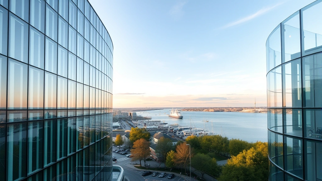Modern Finnish corporate office building with glass and steel architecture overlooking Helsinki harbor, professional business environment, Nordic minimalist design, daytime cityscape