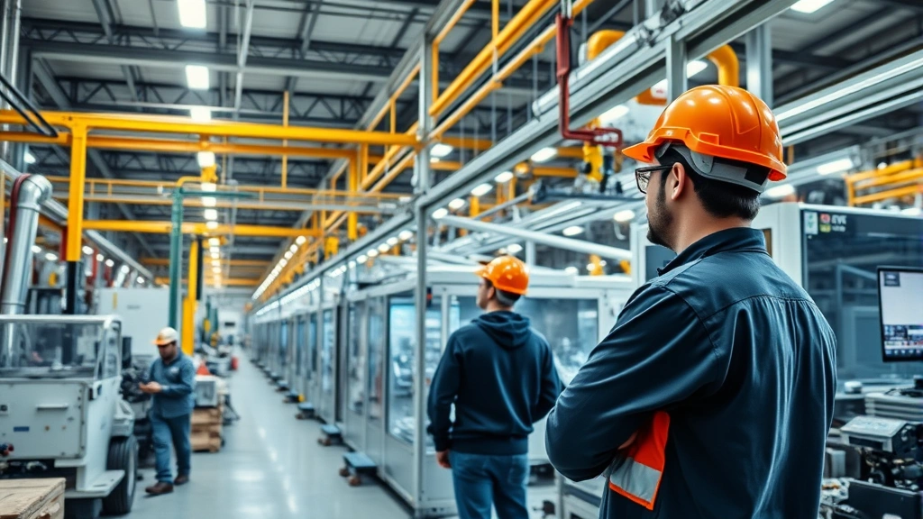 Industrial manufacturing facility interior showing advanced automation equipment and machinery, workers in safety gear monitoring production lines, precision engineering and technology