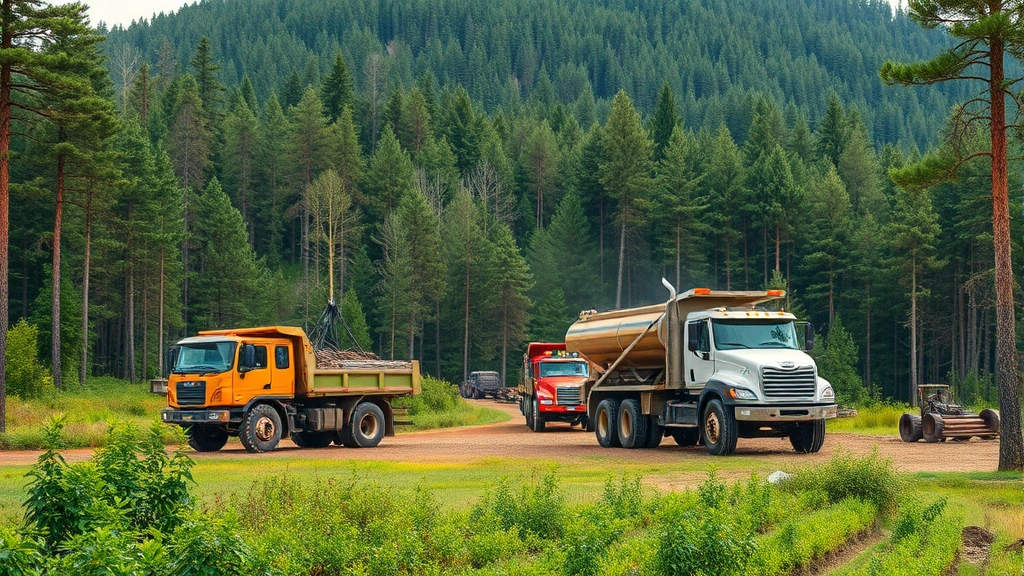 Sustainable forestry landscape with modern logging equipment and renewable timber operations, green forest environment, industrial sustainability in action