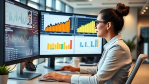 Professional businesswoman analyzing educational technology metrics on multiple monitors displaying engagement analytics, user growth charts, and learning outcome dashboards in modern corporate office setting