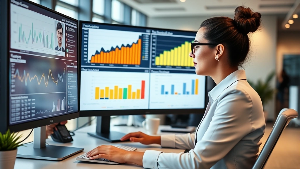 Professional businesswoman analyzing educational technology metrics on multiple monitors displaying engagement analytics, user growth charts, and learning outcome dashboards in modern corporate office setting