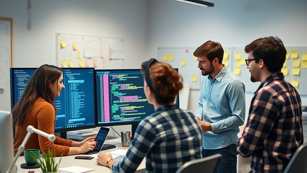 Diverse team of software engineers and product managers collaborating on mobile app development for educational platform, reviewing code on large screens with post-it notes and whiteboards visible in background