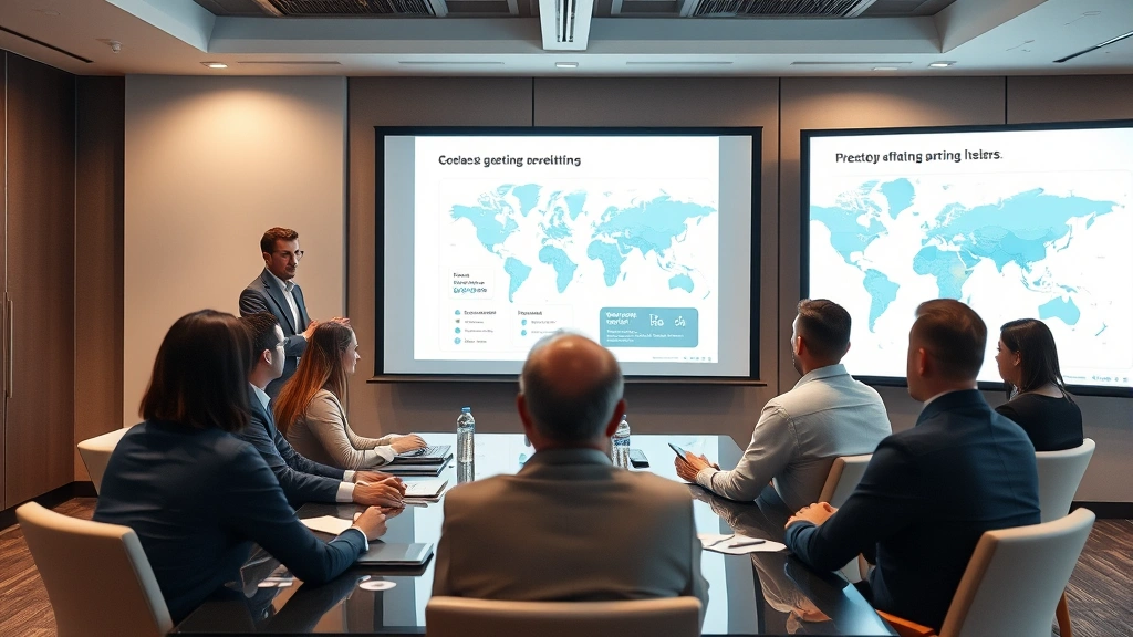 Executive leadership presentation in conference room with stakeholders reviewing ed tech company market expansion strategy, competitive positioning, and international growth opportunities on presentation displays