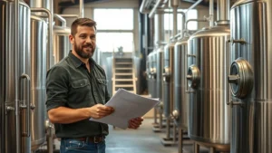 Professional craft brewery founder standing in production facility surrounded by fermentation tanks, reviewing quality control documents, confident expression, modern industrial brewery environment with stainless steel equipment, natural lighting from large windows