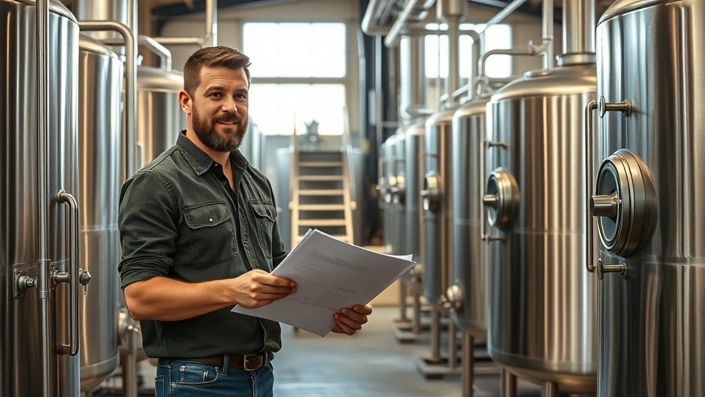 Professional craft brewery founder standing in production facility surrounded by fermentation tanks, reviewing quality control documents, confident expression, modern industrial brewery environment with stainless steel equipment, natural lighting from large windows