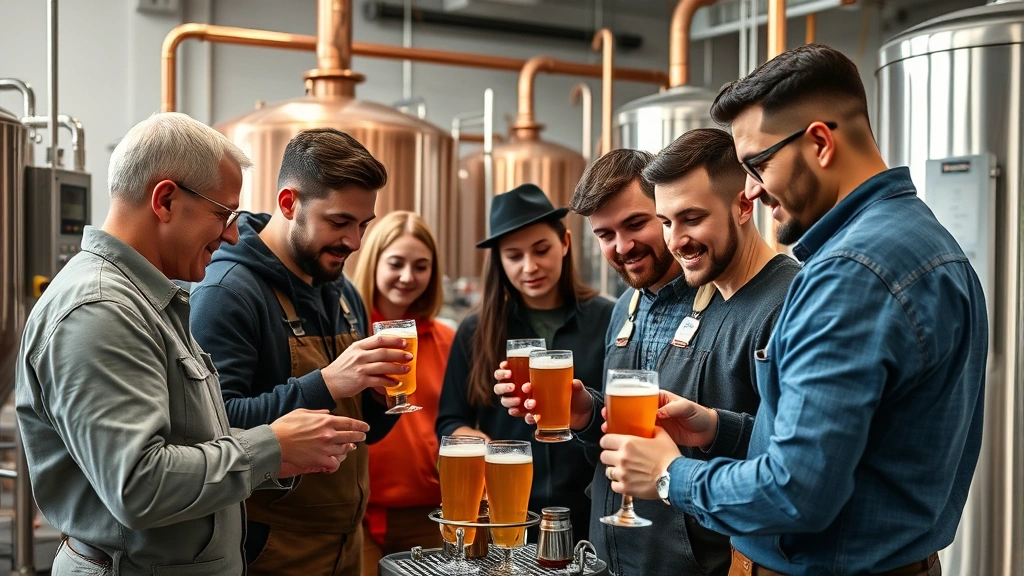 Diverse brewery team collaborating during production shift, examining beer samples, checking quality metrics, engaged in focused work, modern brewery production floor with copper equipment, professional work attire, genuine teamwork atmosphere