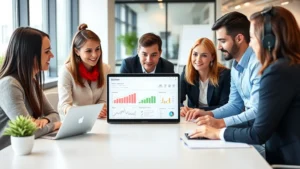 Professional business team collaborating around modern laptop displaying education analytics dashboard with growth charts and student performance metrics in contemporary office setting