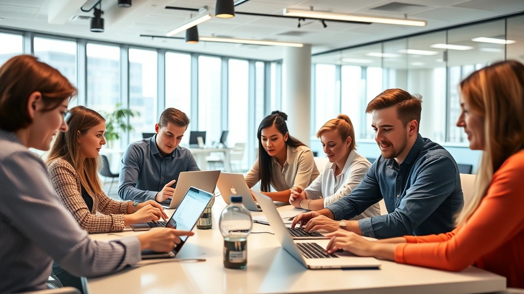 Diverse group of professionals engaged in online learning using tablets and laptops in modern corporate training center with bright natural lighting and collaborative workspace design
