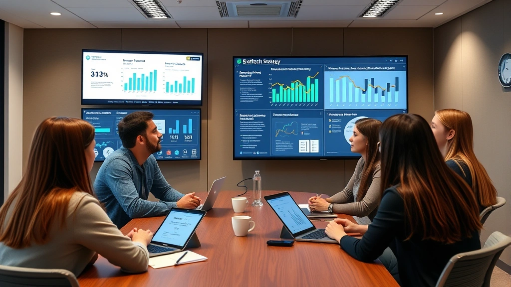 Young professionals and educators discussing EdTech strategy in conference room with digital displays showing market data, innovation roadmaps, and technology integration plans