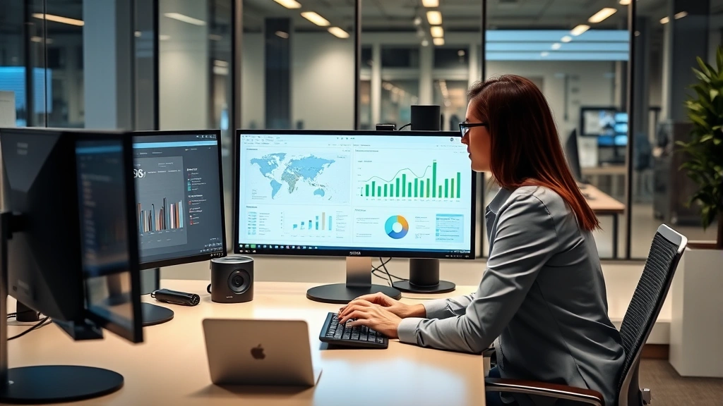 Professional utility company customer service representative assisting business client at modern office desk with computer monitors displaying energy management dashboard and analytics charts